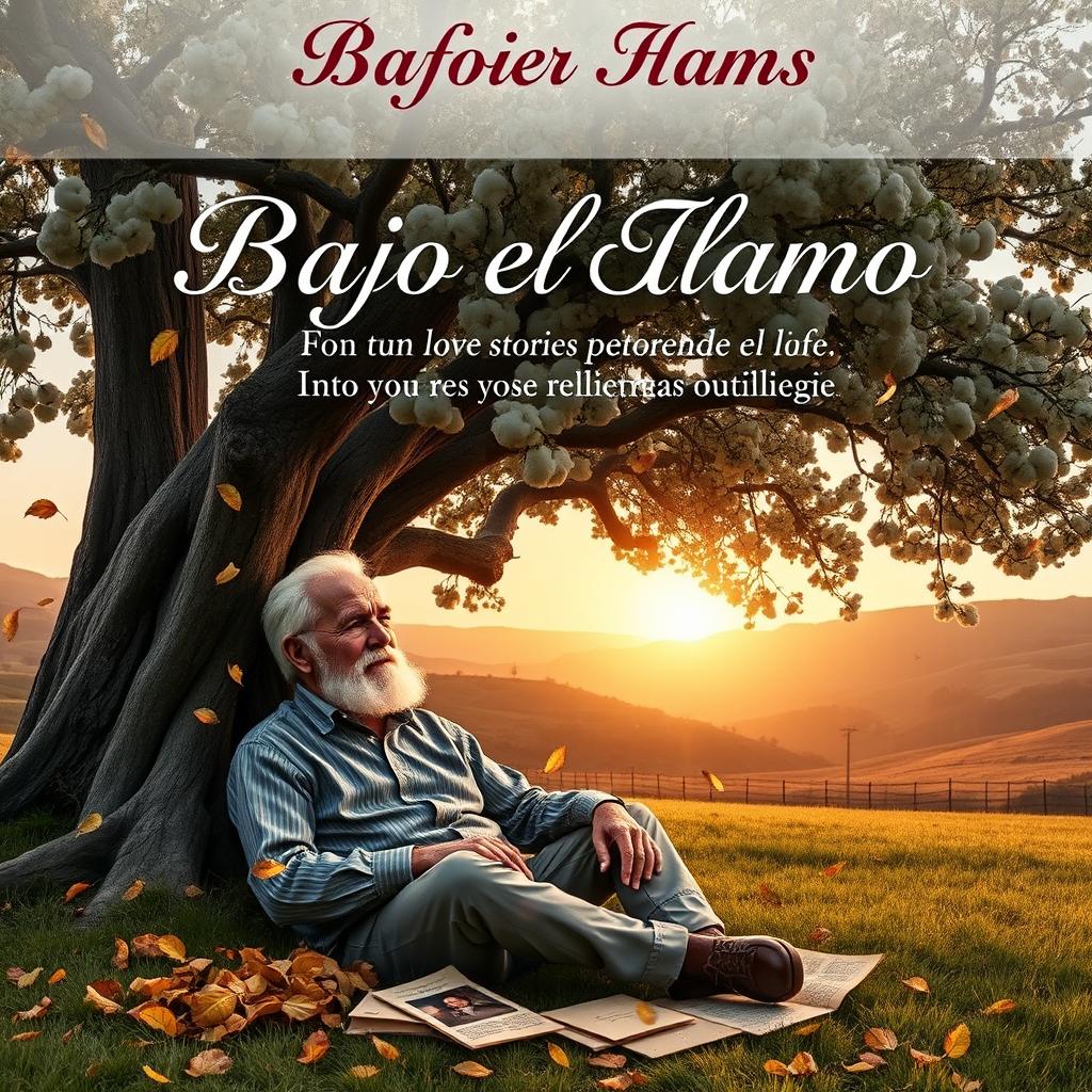 A contemporary romantic book cover titled "Bajo el Álamo" featuring an elderly grandfather sitting under the shade of a large, majestic cottonwood tree (álamo)