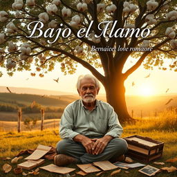 A contemporary romantic book cover titled "Bajo el Álamo" featuring an elderly grandfather sitting under the shade of a large, majestic cottonwood tree (álamo)