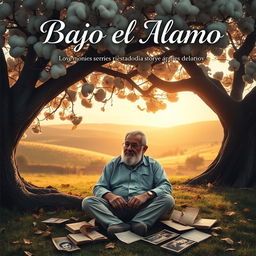 A contemporary romantic book cover titled "Bajo el Álamo" featuring an elderly grandfather sitting under the shade of a large, majestic cottonwood tree (álamo)