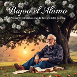 A contemporary romantic book cover titled "Bajo el Álamo" featuring an elderly grandfather sitting under the shade of a large, majestic cottonwood tree (álamo)