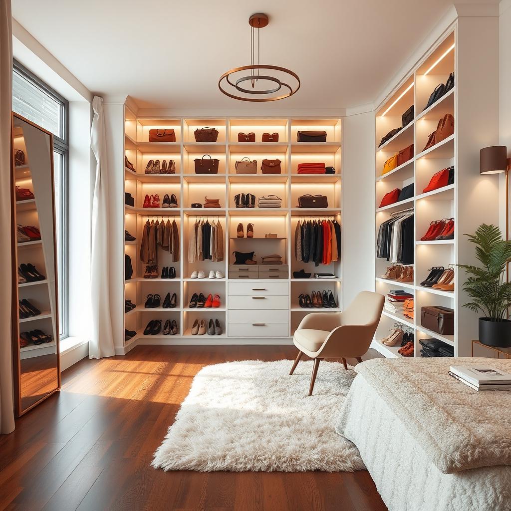 A stylish bedroom dressing room featuring modern storage shelves and elegant design