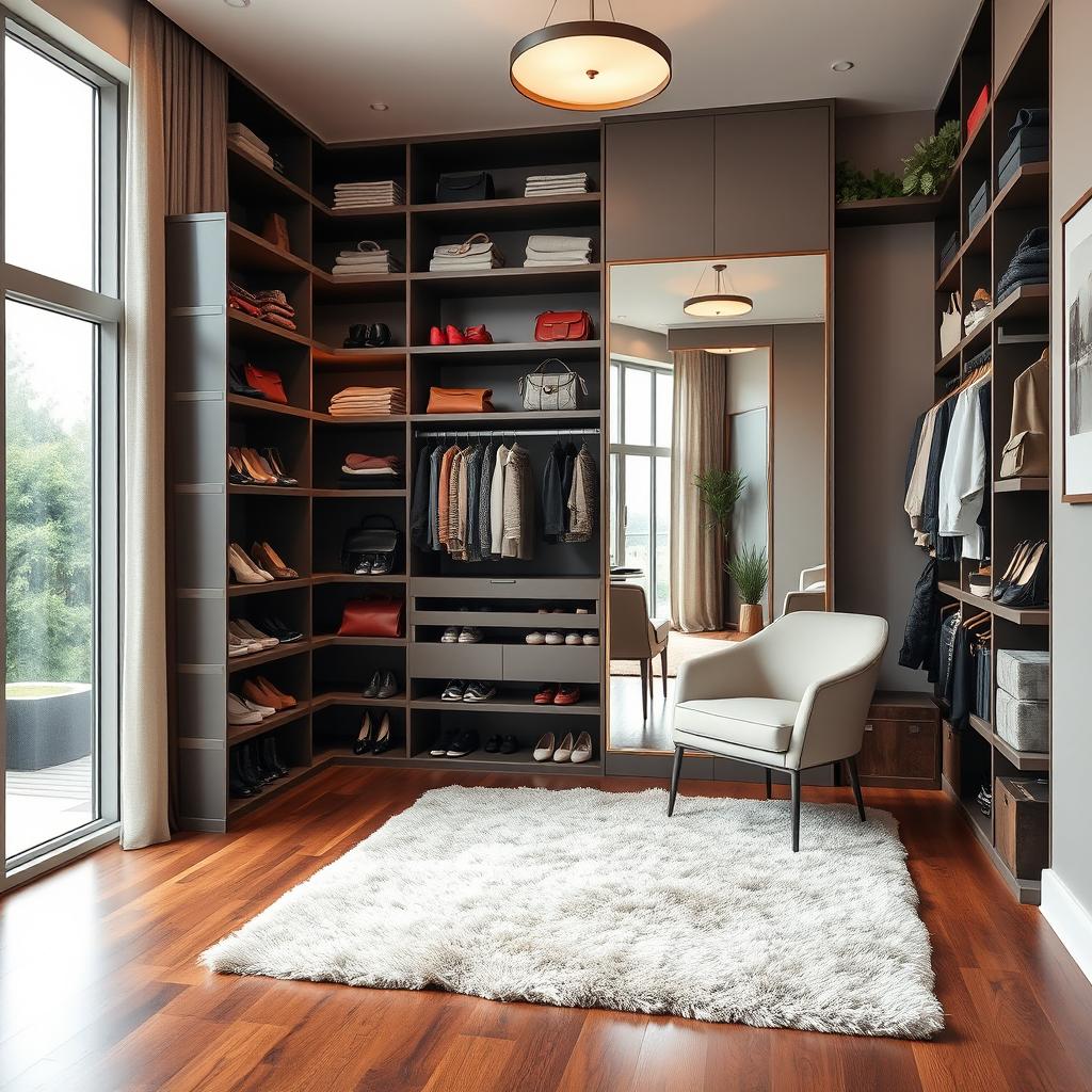 A stylish bedroom dressing room featuring modern storage shelves and elegant design