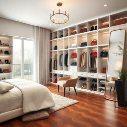 A stylish bedroom dressing room featuring modern storage shelves and elegant design