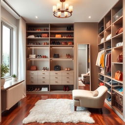 A stylish bedroom dressing room featuring modern storage shelves and elegant design