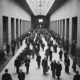 A modern museum hallway bustling with people, featured with exhibits showcasing diverse atomic models by John Dalton, J.J. Thomson, Ernest Rutherford, Neil Bohr, and Erwin Schrodinger.