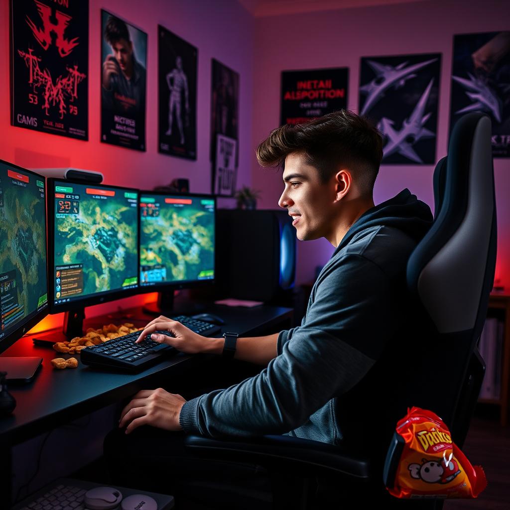 A young man intensely focused on playing a strategy game on his computer, surrounded by several monitors displaying detailed game graphics and statistics, snacks scattered across the desk, a gaming chair emphasizing his posture, and dim lighting creating an immersive atmosphere