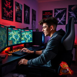 A young man intensely focused on playing a strategy game on his computer, surrounded by several monitors displaying detailed game graphics and statistics, snacks scattered across the desk, a gaming chair emphasizing his posture, and dim lighting creating an immersive atmosphere