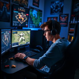 A young man intensely focused on playing a strategy game on his computer, surrounded by several monitors displaying detailed game graphics and statistics, snacks scattered across the desk, a gaming chair emphasizing his posture, and dim lighting creating an immersive atmosphere