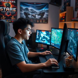 A young man intensely focused on playing a strategy game on his computer, surrounded by several monitors displaying detailed game graphics and statistics, snacks scattered across the desk, a gaming chair emphasizing his posture, and dim lighting creating an immersive atmosphere