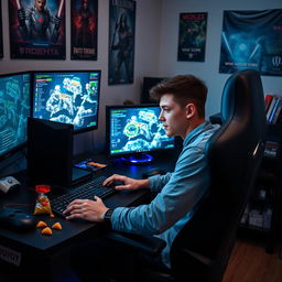 A young man intensely focused on playing a strategy game on his computer, surrounded by several monitors displaying detailed game graphics and statistics, snacks scattered across the desk, a gaming chair emphasizing his posture, and dim lighting creating an immersive atmosphere