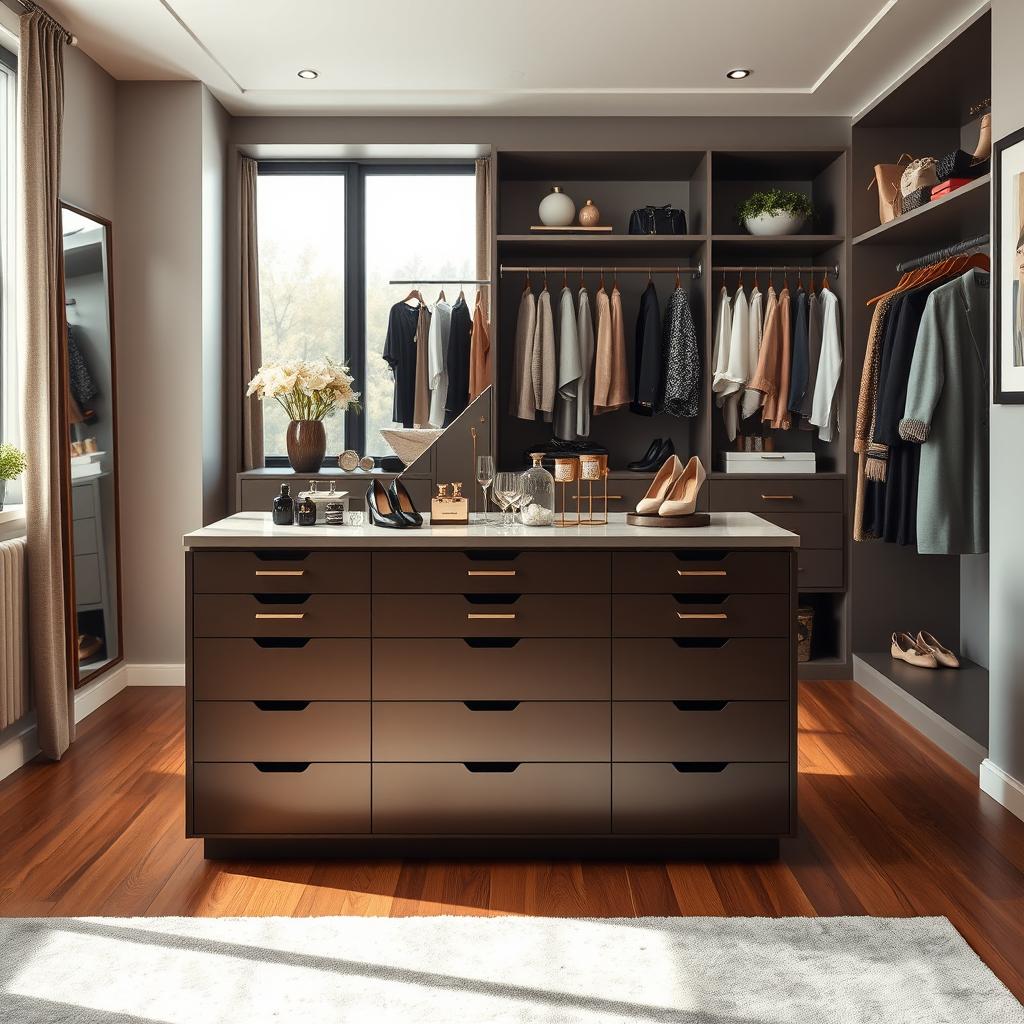 A luxurious bedroom dressing area featuring an elegant storage island equipped with multiple drawers for organizing clothes and accessories