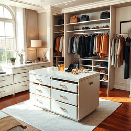 A luxurious bedroom dressing area featuring an elegant storage island equipped with multiple drawers for organizing clothes and accessories