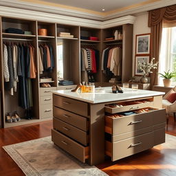 A luxurious bedroom dressing area featuring an elegant storage island equipped with multiple drawers for organizing clothes and accessories