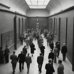 A modern museum hallway bustling with people, featured with exhibits showcasing diverse atomic models by John Dalton, J.J. Thomson, Ernest Rutherford, Neil Bohr, and Erwin Schrodinger.