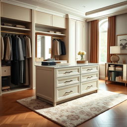 A sophisticated dressing room in a bedroom featuring a central storage island with multiple drawers for organization