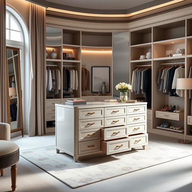 A sophisticated dressing room in a bedroom featuring a central storage island with multiple drawers for organization