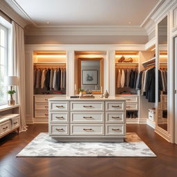 A sophisticated dressing room in a bedroom featuring a central storage island with multiple drawers for organization