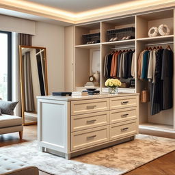 A sophisticated dressing room in a bedroom featuring a central storage island with multiple drawers for organization