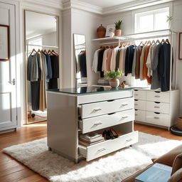 A chic dressing room within a bedroom featuring a stylish storage island with drawers and a glass top