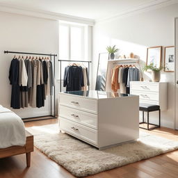 A chic dressing room within a bedroom featuring a stylish storage island with drawers and a glass top