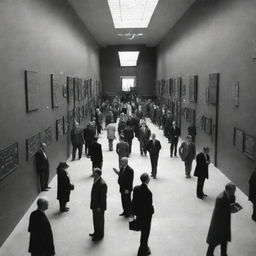 A modern museum hallway bustling with people, featured with exhibits showcasing diverse atomic models by John Dalton, J.J. Thomson, Ernest Rutherford, Neil Bohr, and Erwin Schrodinger.