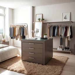 A chic dressing room within a bedroom featuring a stylish storage island with drawers and a glass top