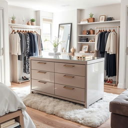 A chic dressing room within a bedroom featuring a stylish storage island with drawers and a glass top