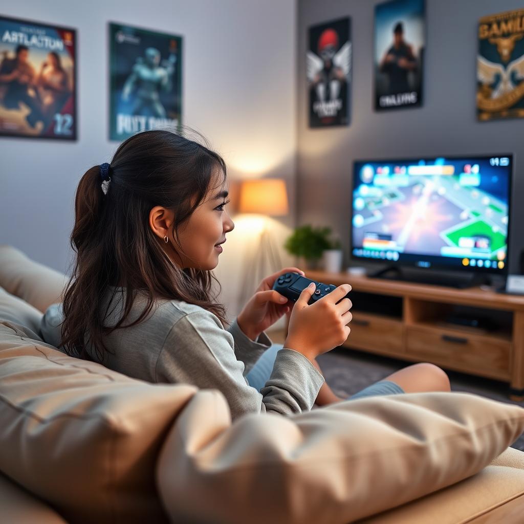 A 21-year-old girl deeply engrossed in playing a strategy game on her PlayStation, sitting comfortably on a cozy couch in a modern living room