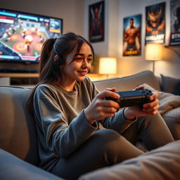 A 21-year-old girl deeply engrossed in playing a strategy game on her PlayStation, sitting comfortably on a cozy couch in a modern living room