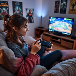 A 21-year-old girl deeply engrossed in playing a strategy game on her PlayStation, sitting comfortably on a cozy couch in a modern living room