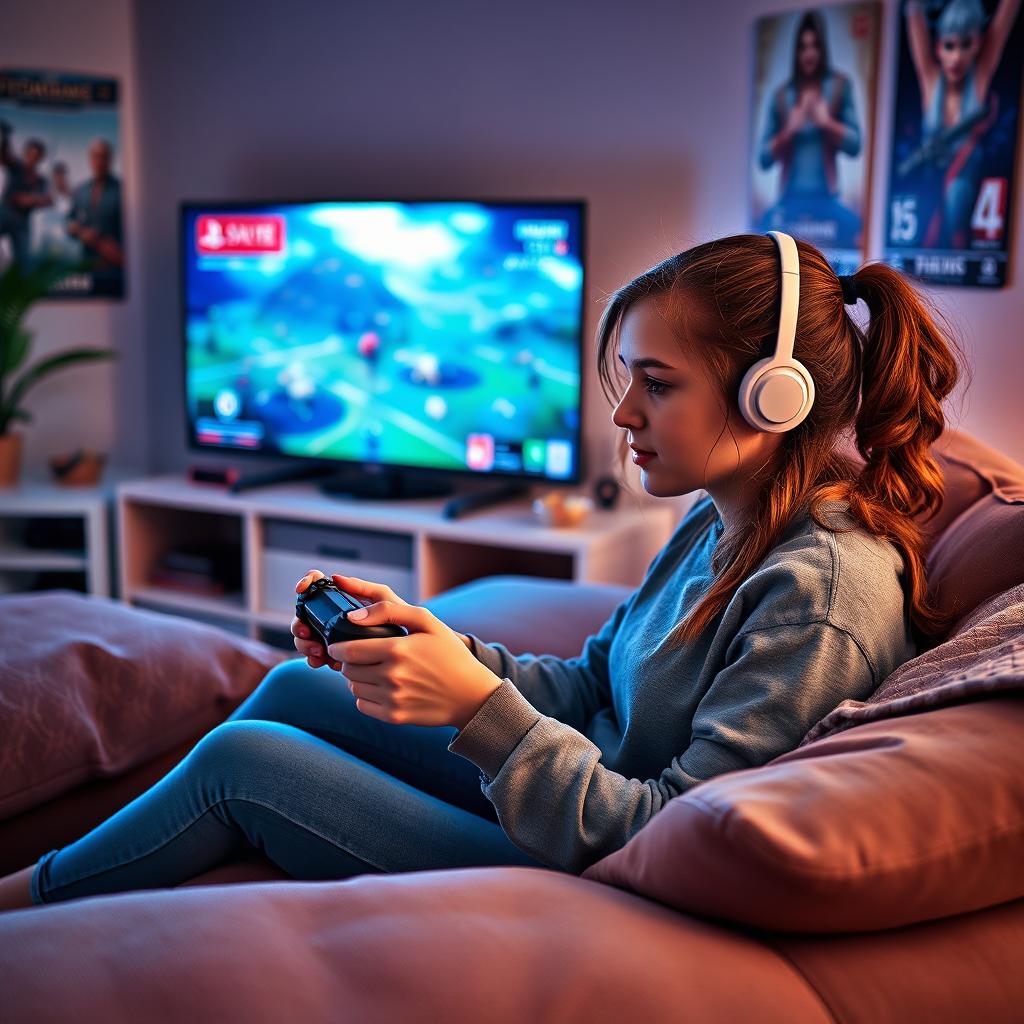 A 21-year-old girl deeply engrossed in playing a strategy game on her PlayStation, sitting comfortably on a cozy couch in a modern living room