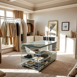 An elegant dressing room within a bedroom featuring a stylish storage island with glass drawers