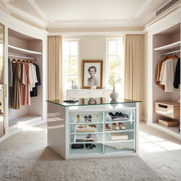 An elegant dressing room within a bedroom featuring a stylish storage island with glass drawers