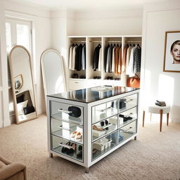 An elegant dressing room within a bedroom featuring a stylish storage island with glass drawers