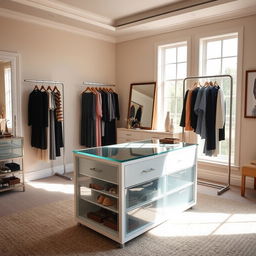 An elegant dressing room within a bedroom featuring a stylish storage island with glass drawers