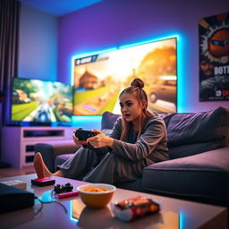 A 21-year-old girl passionately playing a game on her PlayStation, sitting on a stylish couch in a vibrant living room