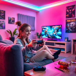 A 21-year-old girl passionately playing a game on her PlayStation, sitting on a stylish couch in a vibrant living room