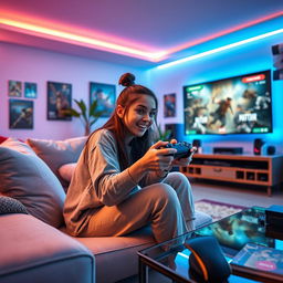 A 21-year-old girl passionately playing a game on her PlayStation, sitting on a stylish couch in a vibrant living room