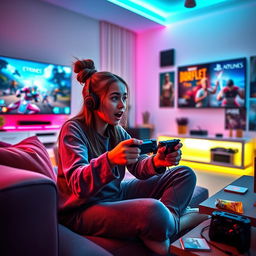 A 21-year-old girl passionately playing a game on her PlayStation, sitting on a stylish couch in a vibrant living room