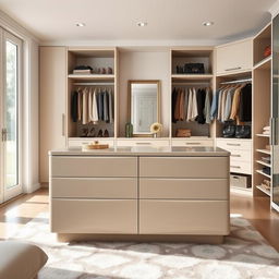 A stylish dressing room within a bedroom featuring a central storage island with drawers in a beautifully lacquered stone color