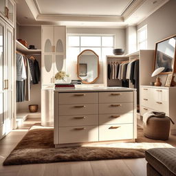 A stylish dressing room within a bedroom featuring a central storage island with drawers in a beautifully lacquered stone color