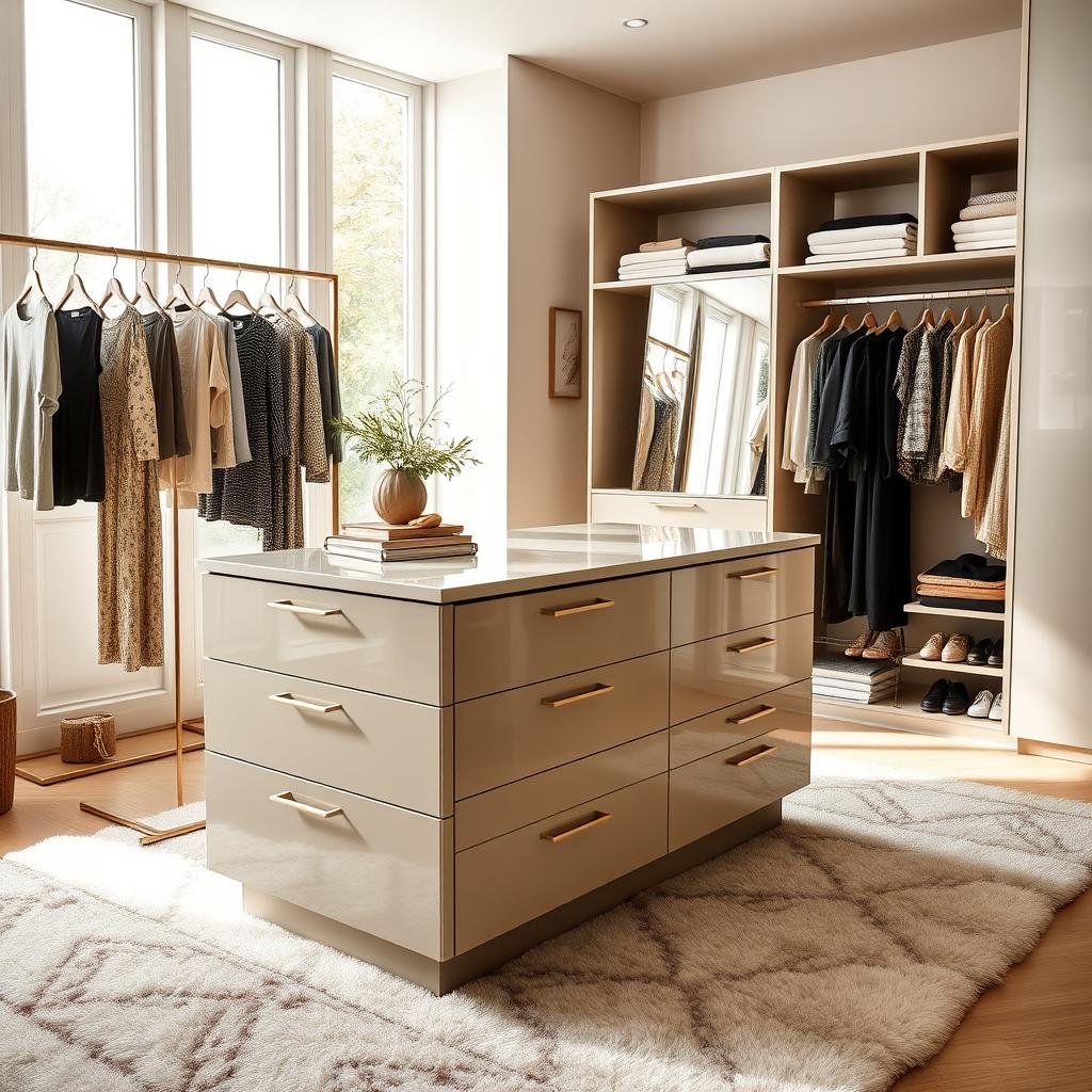 A stylish dressing room within a bedroom featuring a central storage island with drawers in a beautifully lacquered stone color