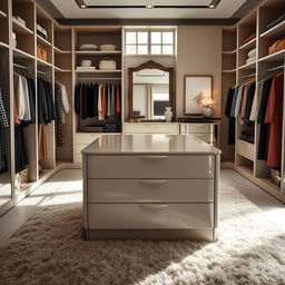 A stylish dressing room within a bedroom featuring a central storage island with drawers in a beautifully lacquered stone color