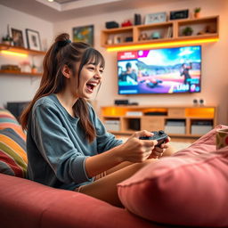 A 21-year-old girl passionately playing a video game, sitting on a comfy sofa in a bright and stylish living room