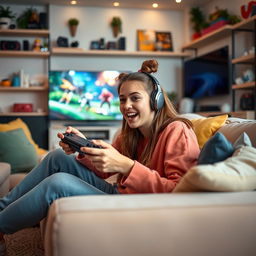 A 21-year-old girl passionately playing a video game, sitting on a comfy sofa in a bright and stylish living room