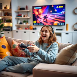 A 21-year-old girl passionately playing a video game, sitting on a comfy sofa in a bright and stylish living room