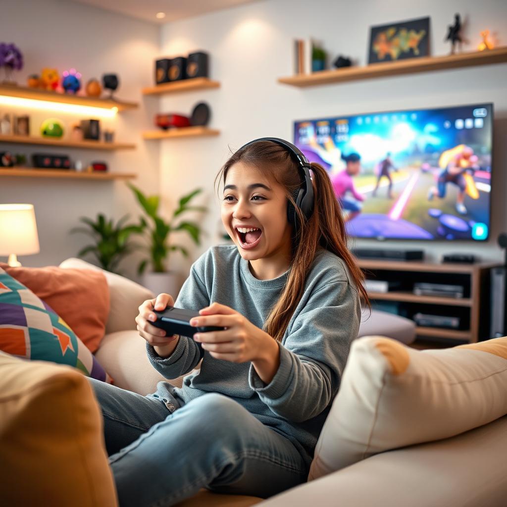 A 21-year-old girl passionately playing a video game, sitting on a comfy sofa in a bright and stylish living room