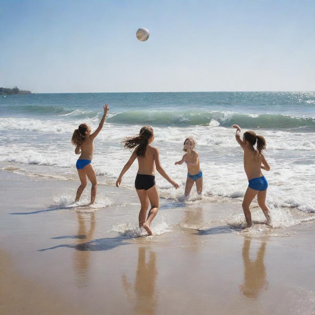 A group of children gleefully playing a game of volleyball on a bright sunny beach, oblivious to the majestic tidal wave forming in the aquatic background, encapsulating a curious blend of everyday play and awe-inspiring nature.