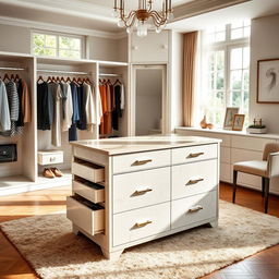 An elegant dressing room within a bedroom featuring a spacious storage island with four drawers and various open compartments, designed for optimal organization