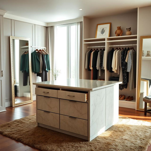 An elegant dressing room within a bedroom featuring a spacious storage island with four drawers and various open compartments, designed for optimal organization